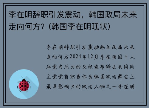 李在明辞职引发震动，韩国政局未来走向何方？(韩国李在明现状)