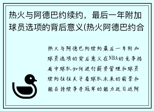 热火与阿德巴约续约，最后一年附加球员选项的背后意义(热火阿德巴约合同)
