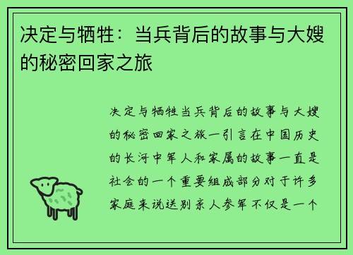 决定与牺牲：当兵背后的故事与大嫂的秘密回家之旅