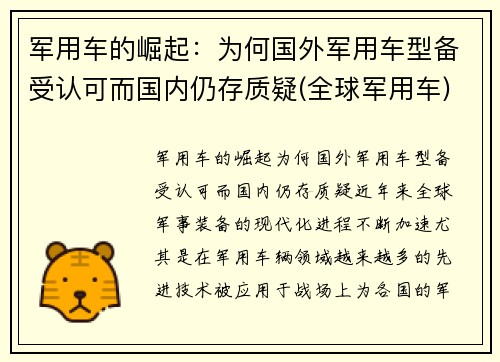 军用车的崛起：为何国外军用车型备受认可而国内仍存质疑(全球军用车)